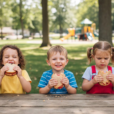 three kids eating sandwich